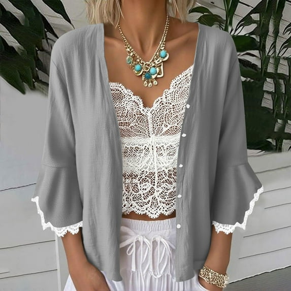 Lenago Cardigan Sweaters for Women Solid 3/4 Sleeve Flared Cuffs Lace Linen Cardigan Lightweight Open Front Casual Autumn Outwear Loose Cardigan Tops