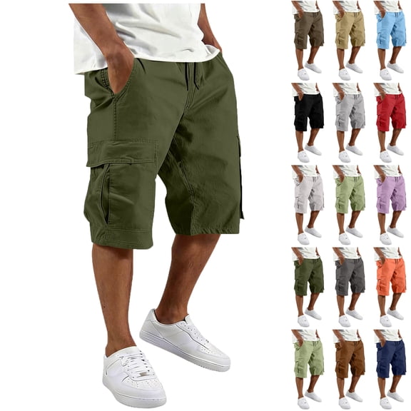 Lenago Cargo Pants for Men Solid Color Loose Cargo Shorts Casual Multi Pocket Large Pocket Drawstring Workwear Shorts Capris Pants