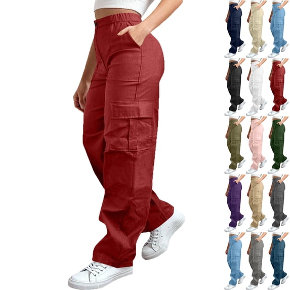 Lenago Cargo Pants for Women Solid Color High Waisted with Elastic Waist Casual Clothes Pockets Full Length Pants