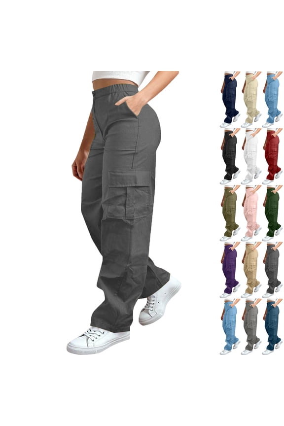 Cargo Pants for Women Solid Color High Waisted with Elastic Waist Casual Clothes Pockets Full Length Pants