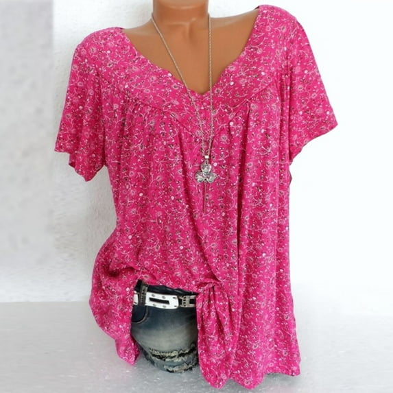 Lenago Deals Women Plus Size Comfortable Causal Loose Short Sleeves V-Neck Fashionable Lightweight Print Blouse Pullover Tops Shirt