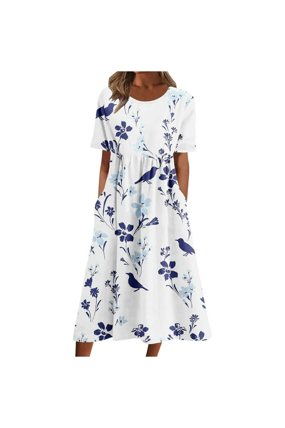 Dresses For Women Floral Print Big Round Neck Layered Ruffle Dress High Waisted Half Sleeve Stretchable Dress Fashion Casual Plus Size Crew Neck Printing Summer Short Sleeve Pockets Dresses