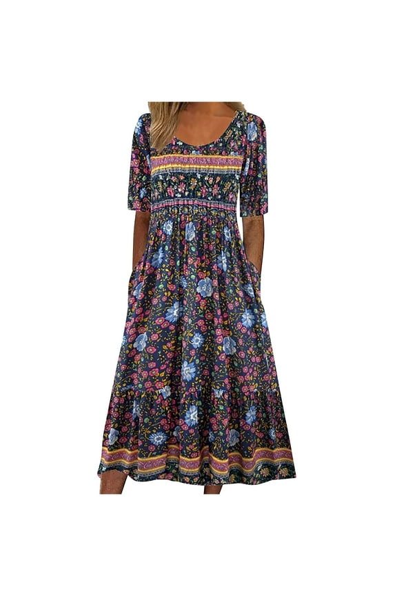 Dresses For Women Floral Print Big Round Neck Layered Ruffle Dress High Waisted Half Sleeve Stretchable Dress Fashion Casual Sexy Crew Neck Printing Summer Short Sleeve Pockets Oversized Dress