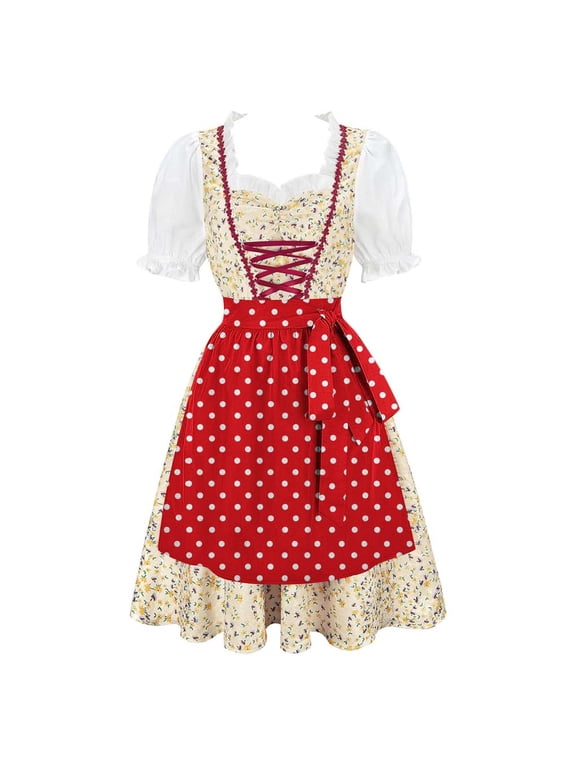 Womens Apron Dresses For Women Oktoberfest Costumes Multiple Color Schemes Square Collar Short Sleeves Dirndl Dresses German Dresses Festival Bavarian Costume Beer Carnival Women Party Dresses