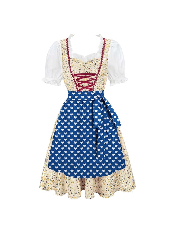 Womens Apron Dresses For Women Oktoberfest Costumes Multiple Color Schemes Square Collar Short Sleeves Dirndl Dresses German Dresses Festival Bavarian Costume Beer Carnival Women Party Dresses