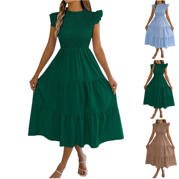 Lenago Dresses for Women Casual Solid Color Round-Neck Summer Sleeveless Mid-length Dress Beach Vacation Clothes