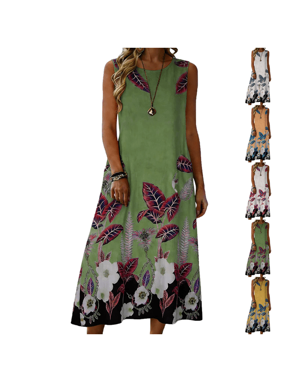 Dresses for Women Fashion Printed Loose Linen Dress With Round Neck and Patch Pockets Summer Vacation Beach Sundresses Maxi Dress