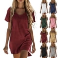 thumbnail image 1 of Lenago Dresses for Women Linen Solid Color V-neck Short Sleeved Long Skirt Casual Comfortable Dress With Pocket Beach Vacation Clothes, 1 of 7
