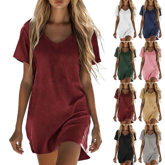 Lenago Dresses for Women Linen Solid Color V-neck Short Sleeved Long Skirt Casual Comfortable Dress With Pocket Beach Vacation Clothes