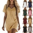 thumbnail image 1 of Lenago Dresses for Women Linen Solid Color V-neck Short Sleeved Long Skirt Casual Comfortable Dress With Pocket Beach Vacation Clothes, 1 of 7