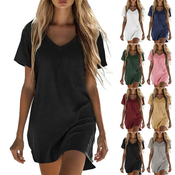 Lenago Dresses for Women Linen Solid Color V-neck Short Sleeved Long Skirt Casual Comfortable Dress With Pocket Beach Vacation Clothes