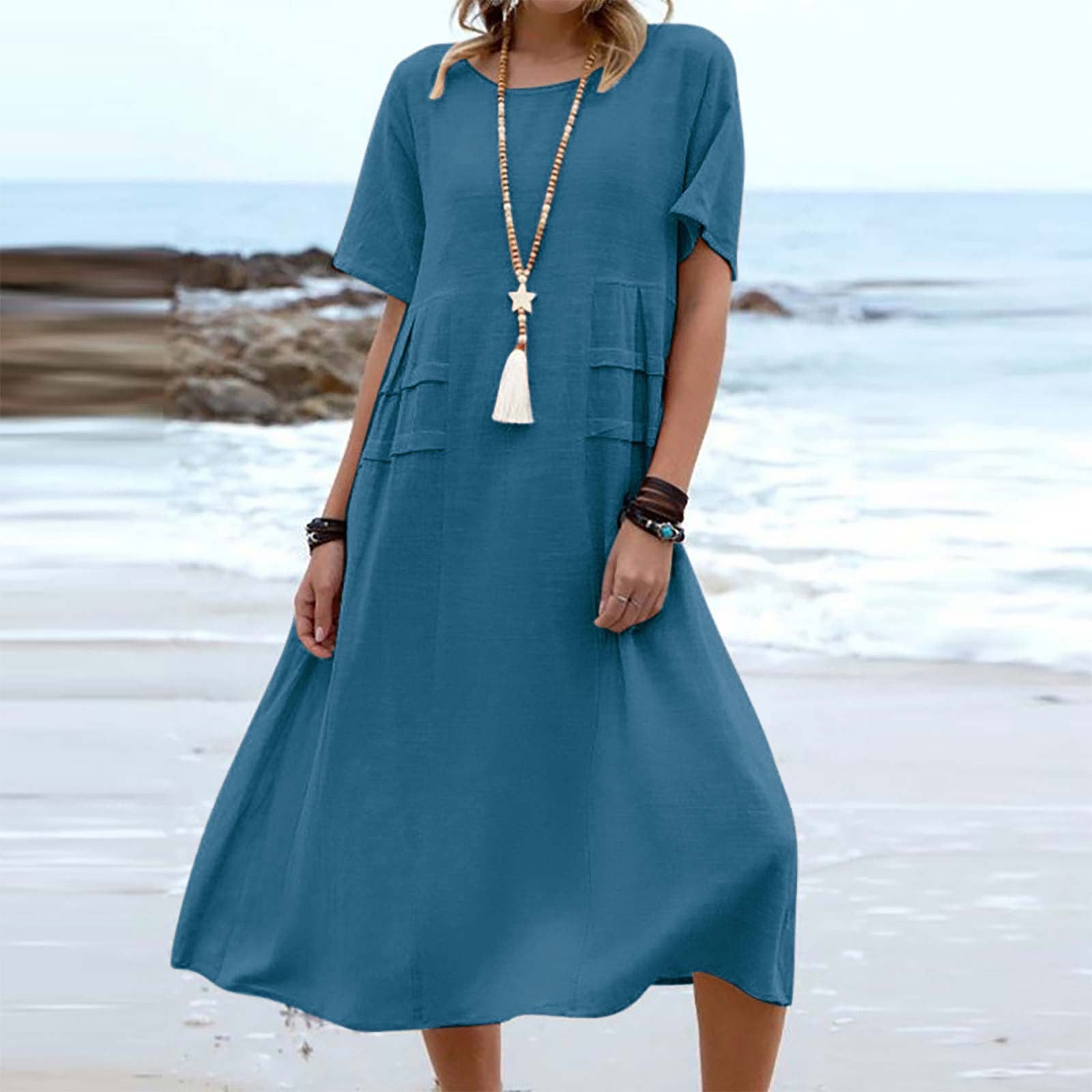 Women's Summer Loose Casual Midi Dress Breathable Cotton Linen Short-Sleeve Mid-Length Dresses Women Simple Beach Dress Blue / 4XL