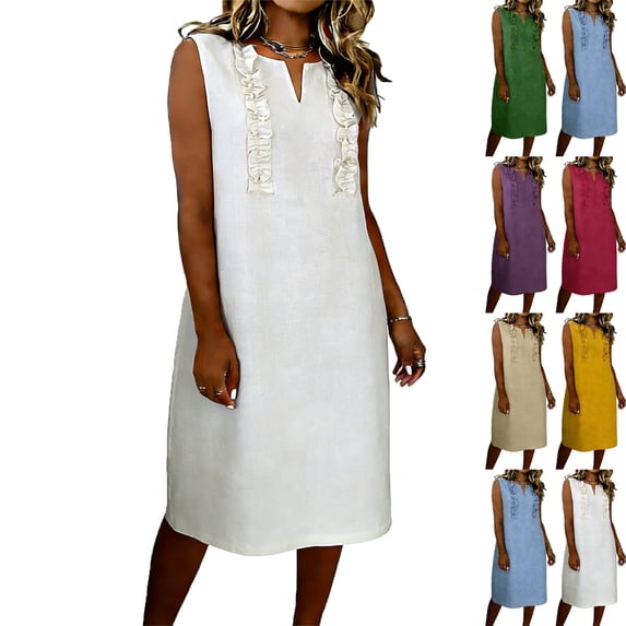 Lenago Dresses for Women Short Sleeve Midi A-Line Dress Casual Solid Color Loose Linen Round Neck Shirt Dress