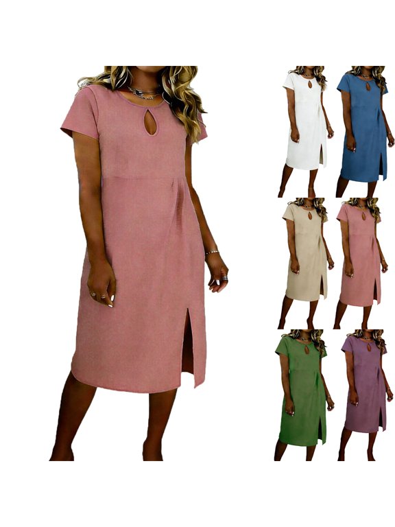 Dresses for Women Short Sleeve Midi A-Line Dress Casual Solid Color Loose Linen Round Neck Shirt Dress