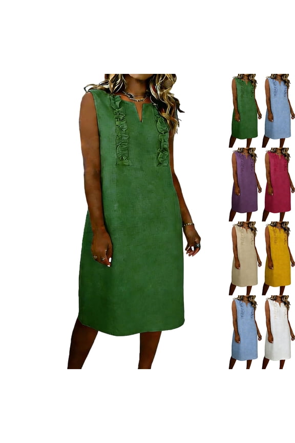 Dresses for Women Short Sleeve Midi A-Line Dress Casual Solid Color Loose Linen Round Neck Shirt Dress