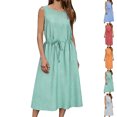 thumbnail image 1 of Lenago Dresses for Women Solid Color Sleeveless Dress Zipper Round Neck Stripe Linen Dress Summer Shirt Dress, 1 of 9