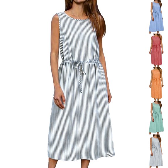 Lenago Dresses for Women Solid Color Sleeveless Dress Zipper Round Neck Stripe Linen Dress Summer Shirt Dress