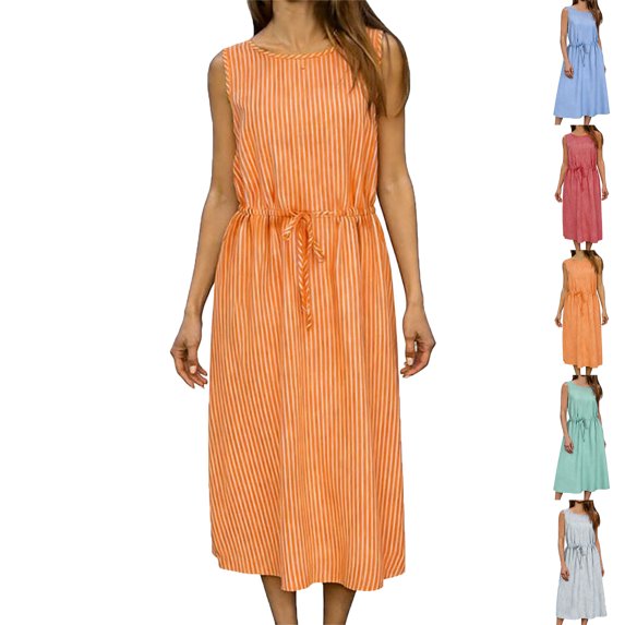 Lenago Dresses for Women Solid Color Sleeveless Dress Zipper Round Neck Stripe Linen Dress Summer Shirt Dress