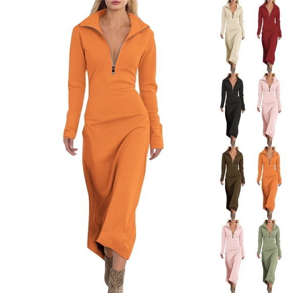Lenago Dresses for Women Solid Color V Neck Long Sleeved Turndown Collar Dress Long Skirt
