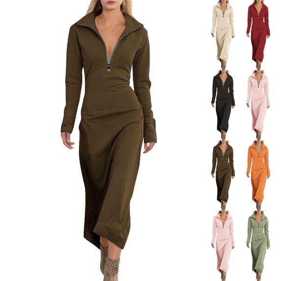 Lenago Dresses for Women Solid Color V Neck Long Sleeved Turndown Collar Dress Long Skirt