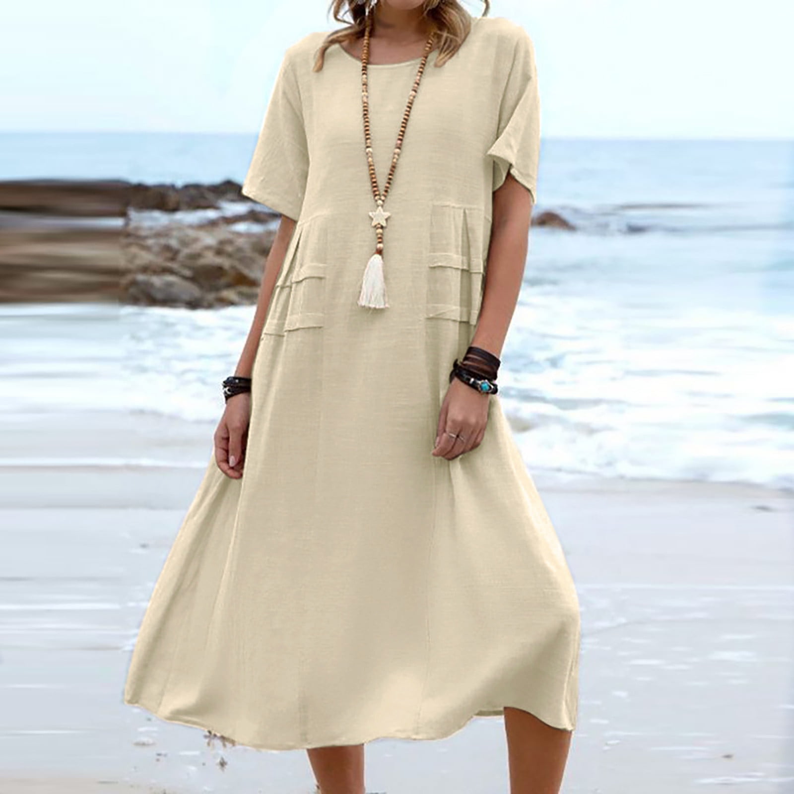 Lenago Dresses for Women Summer Casual Loose Cotton Linen Short Sleeve ...