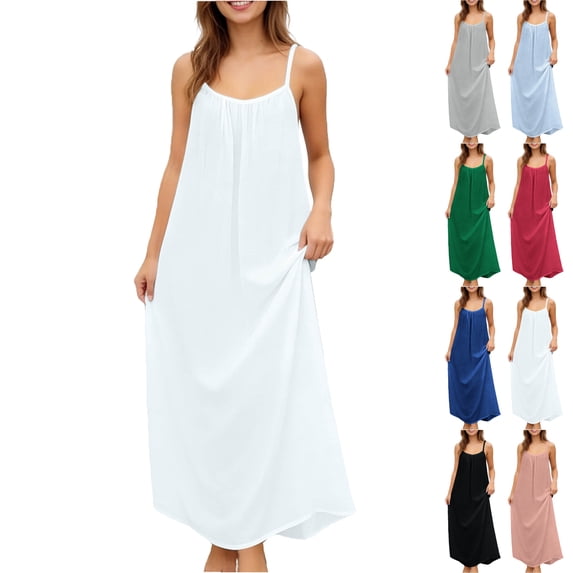 Lenago Dresses for Women Summer Solid Color Waist-Cropped Sleeveless Flowing Strappy Lapel Long Dress Beach Vacation Clothes
