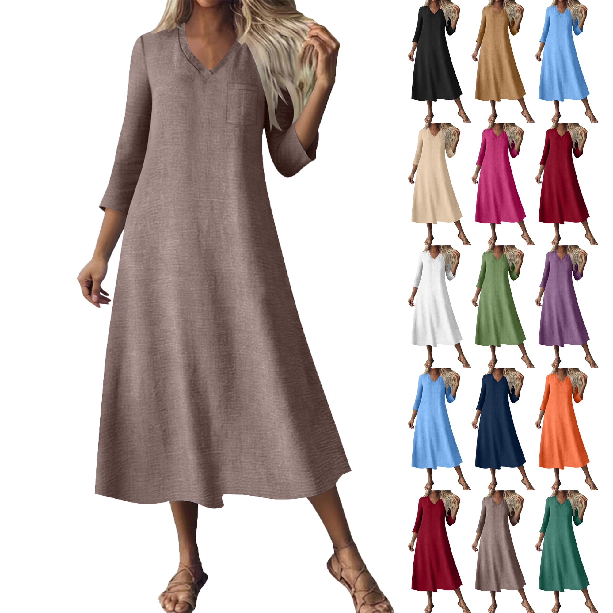 Lenago Dresses for Women V-Neck Solid Color Dress Casual 3/4 Sleeve ...