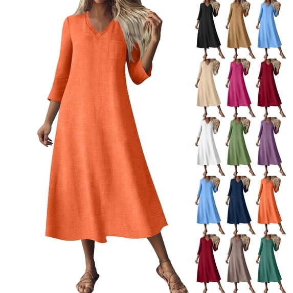 Lenago Dresses for Women V-Neck Solid Color Dress Casual 3/4 Sleeve Zipper Pocket Dress Medium Long Style Women Dresses