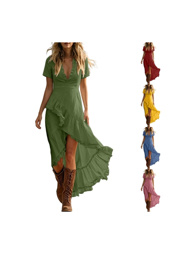 Dresses for Women Women's Short-Sleeve Dress With V-Shaped Ruffle Neckline And Irregular Ruffle Hem Blue L