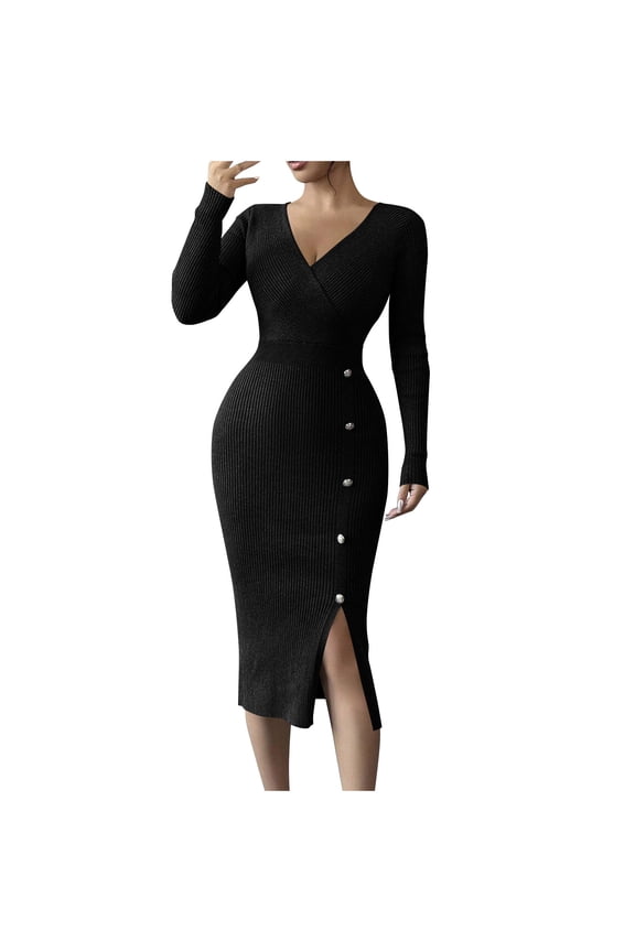 Lenago Fall Dresses for Women Plus Size Solid Color Inner Layer Tight Fitting Hip Hugging Knitted Dress(Black L)