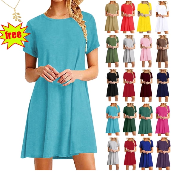 Lenago Dresses for Womens 2025 Crewneck Short Sleeve Casual Standard-Fit Midi Party T-Shirt Dress Wedding Guest Dresses XXL