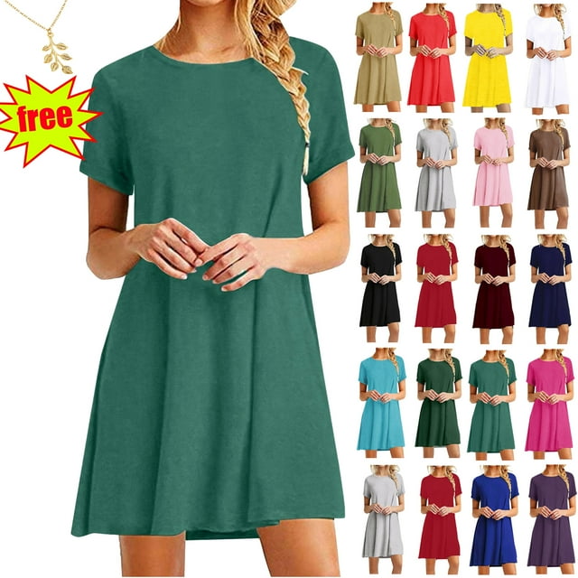 Lenago Summer Dresses for Womens 2025 Crewneck Short Sleeve Casual Standard-Fit Midi Party T-Shirt Dress Wedding Guest Dresses XXL on Clearance