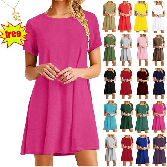 Lenago Dresses for Womens 2025 Crewneck Short Sleeve Casual Standard-Fit Midi Party T-Shirt Dress Wedding Guest Dresses XXL