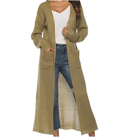 Lenago Fall Sweaters for Women Plus Size Solid Color Cardigan Sweater With Slit Large Pockets Long Thin Coat Pullover Sweaters