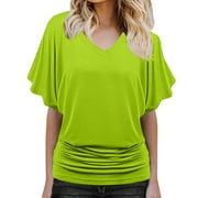 Lenago Fashi Casual Women Solid Short Sleeve Batwing Sleeve Blouse V-Neck Loose Tops