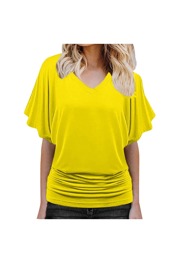 Fashi Casual Women Solid Short Sleeve Batwing Sleeve Blouse V-Neck Loose Tops