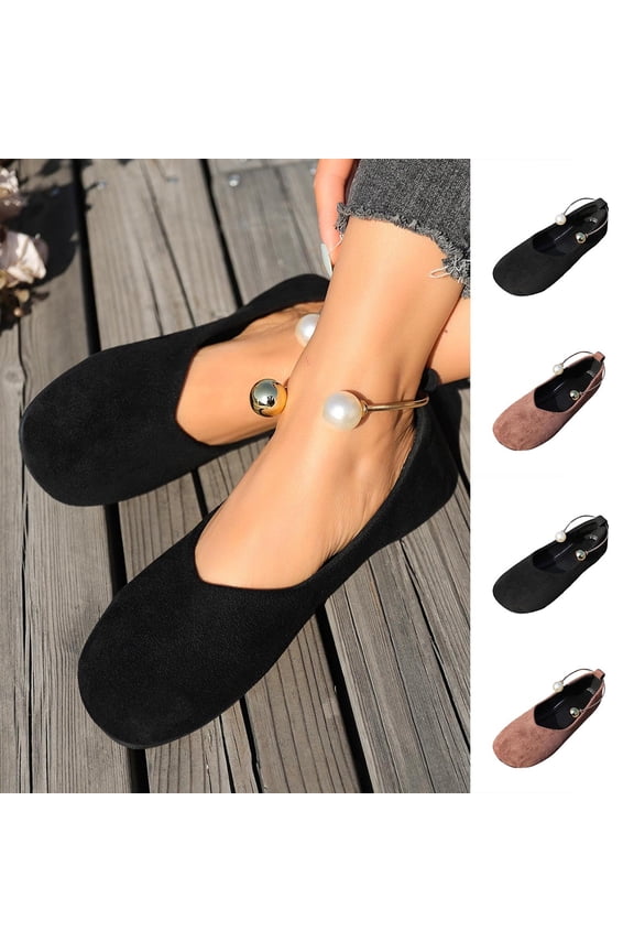 Flats for Women Low Shallow Heel Dress Shoes Slip-On Walking Shoes Round Toe Office Shopping Party Travel Black Size-6.5