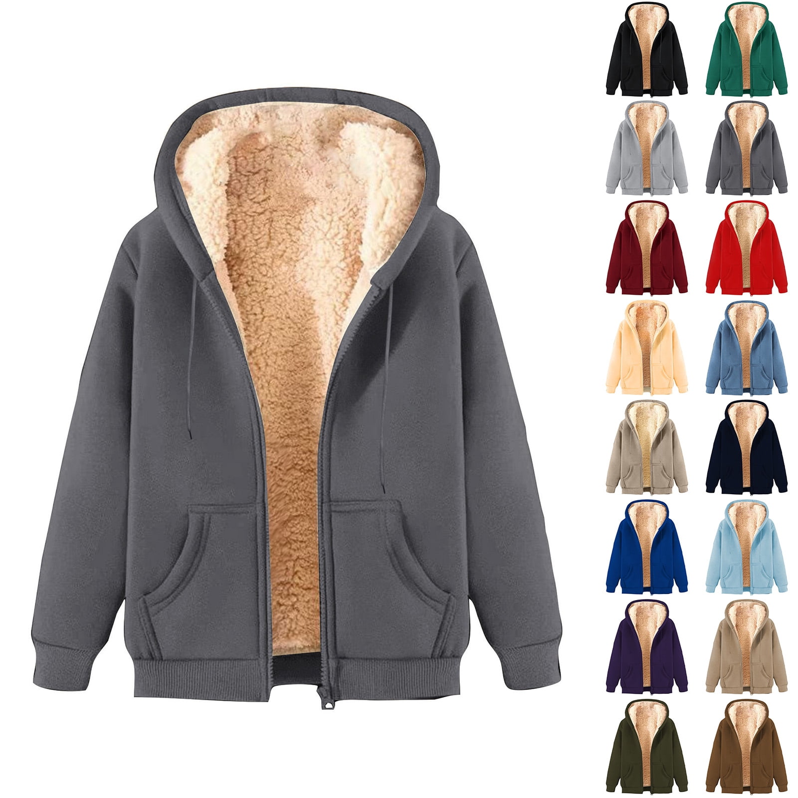 Lenago Fleece Jacket Men Plus Size Winter Long Sleeved Cardigan Pockets Warm Plush Hooded Jacket Fleece Sweater Coat Coat for Men Women