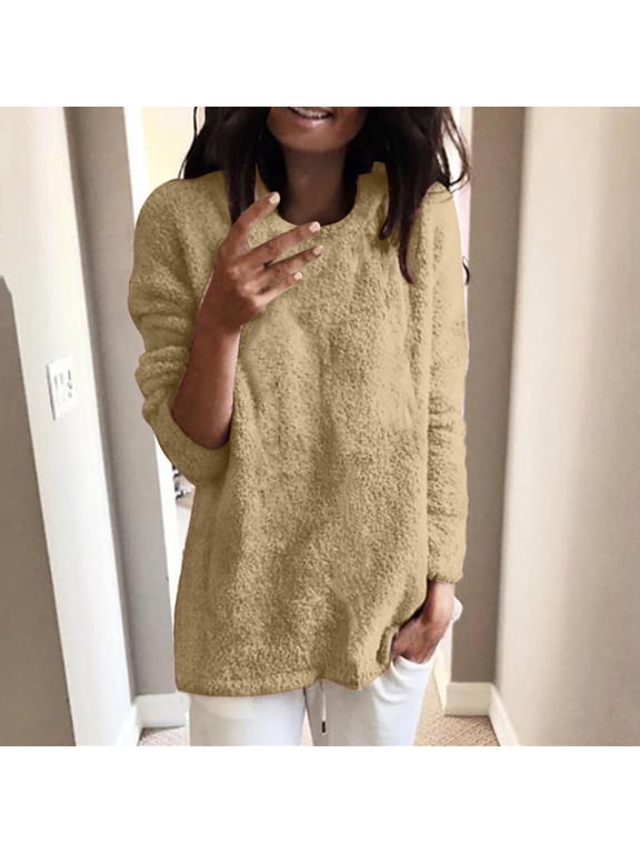 Fleece Jacket Women Plus Size Fashion T-shirt Long Sleeves Blouse Round Neck Casual Pullover Tops Winter Warm Outwear S-5XL