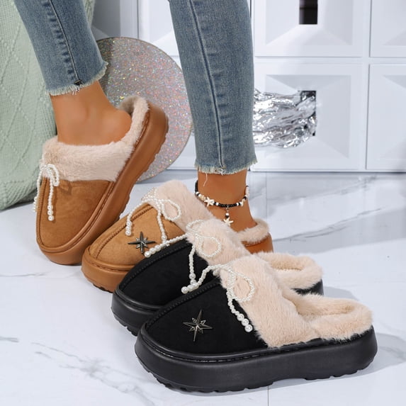 Lenago Fuzzy Slippers for Women Cozy Quilted Comfortable Soft Foam Faux Fur House Shoes Slip On Slippers Winter Indoor Household Shoes for Cold Weather