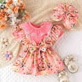 thumbnail image 1 of Lenago Girl Baby Solid Round Neck Bubble Sleeve Jumpsuit+Rabbit Print Strap Skirt+Rompert, 1 of 9