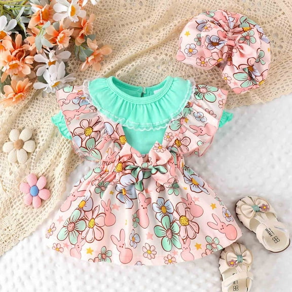 Lenago Girl Baby Solid Round Neck Bubble Sleeve Jumpsuit+Rabbit Print Strap Skirt+Rompert