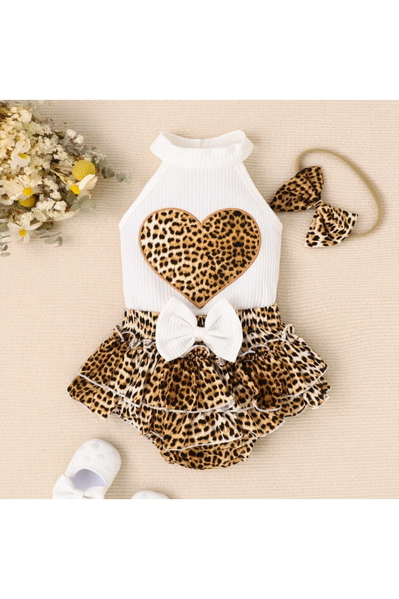 Girl's Neck Rompernging Love Leopard Print Bow Tie Buttocks Skirt Pants Jumpsuit