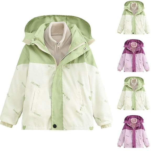 Lenago Girls Rain Jacket Windbreaker Version Windproof and Waterproof Three In One Outdoor Fleece Hooded Casual Jacket