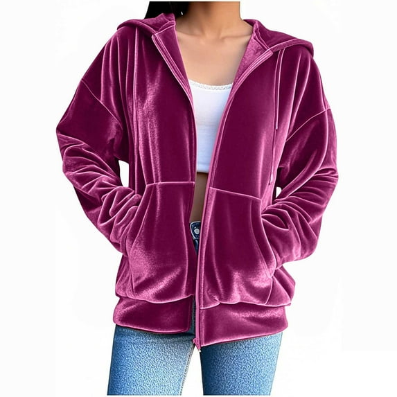 Lenago Hoodies Jacket For Women Solid Color Velvet Zip Clothing Oversized Long Sleeve Sweatshirts Zipper Shirt With Pocket Activewear Casual Streetwear Plus Size Sports Coat Hoodies For Women US:4-12