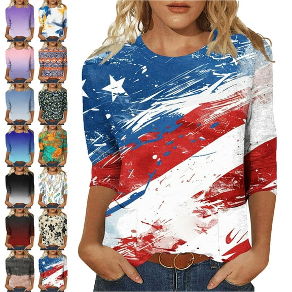 Lenago Independence Day Women Blouses 3/4 Sleeves Crew Neck T Shirt Fashion Loose Comfort Mid-Length Blouse Casual Summer Beach Vacation Tops Everyday Costume Spring Autumn Tops For Women(US:4-12)