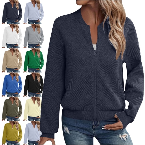 Lenago Jackets for Women Jackets Zip Up Sweatshirts Jackets Loose Long Sleeved With Zipper Jacket Casual Coarse Knitted Baseball Jacket Womens Loose Lightweight Outwear With Pockets
