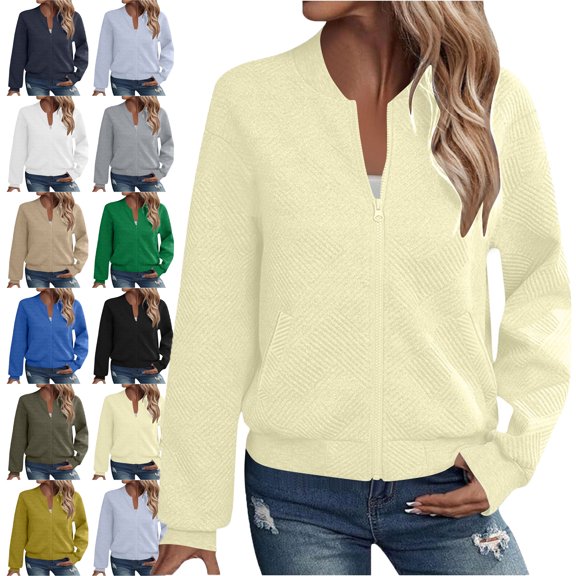 Lenago Jackets for Women Jackets Zip Up Sweatshirts Jackets Loose Long Sleeved With Zipper Jacket Casual Coarse Knitted Baseball Jacket Womens Loose Lightweight Outwear With Pockets