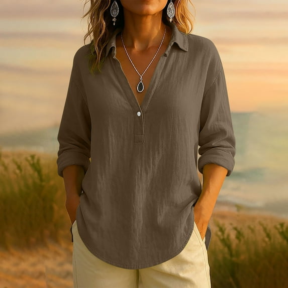 Lenago Long Sleeve Blouses For Women Lightweight Wrinkle Resistant Pullover Tops Shirts For Womens V Neck Solid Color Cotton-Linen Women'S Blouses Large Size Available