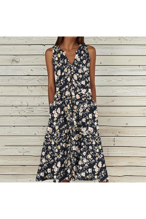 Maxi Dress for Women Floral Print Sleeveless V-Neck Dress Casual Summer Beach Dress Lightweight Flowy Perfect for Vacation or Everyday Wear Plus Size Multicolor#7 XXL